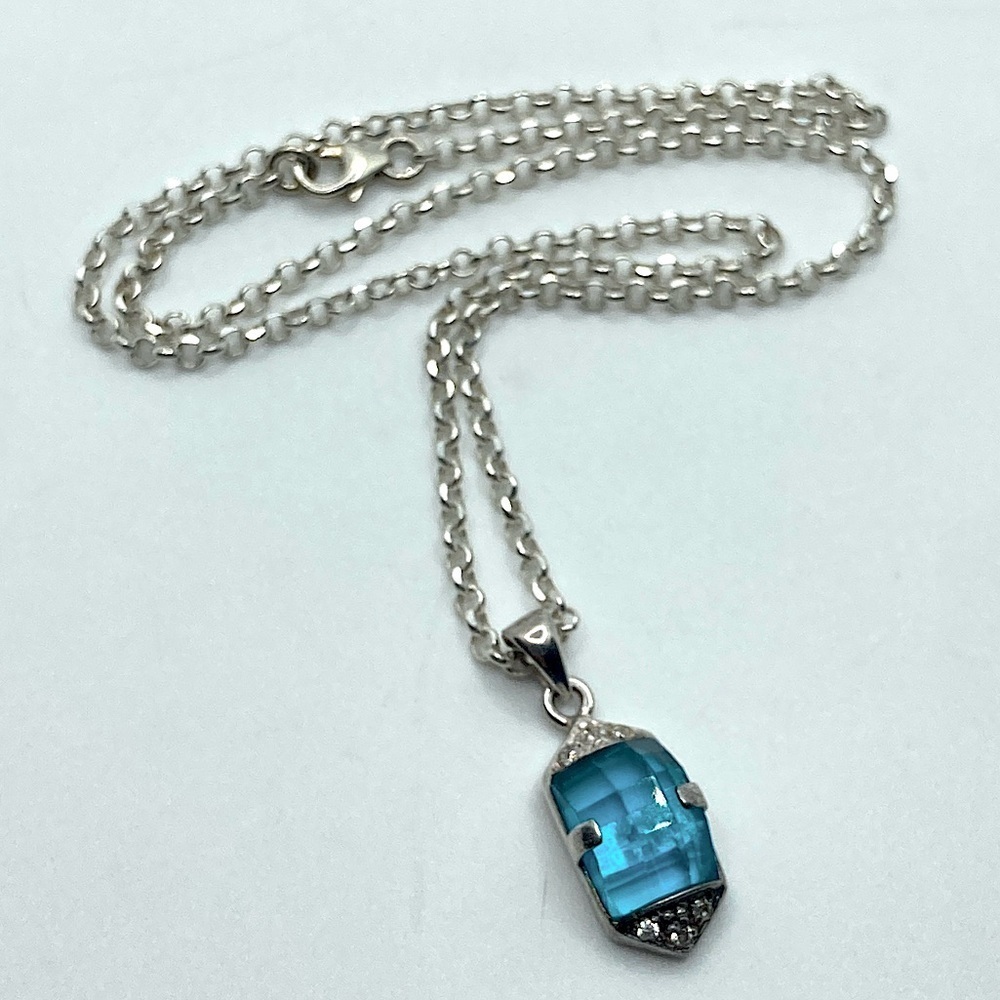 Vtg Sterling Silver Blue Facet Cut Cz Crystal Pendant w 925 Chain 16” & 1.1”